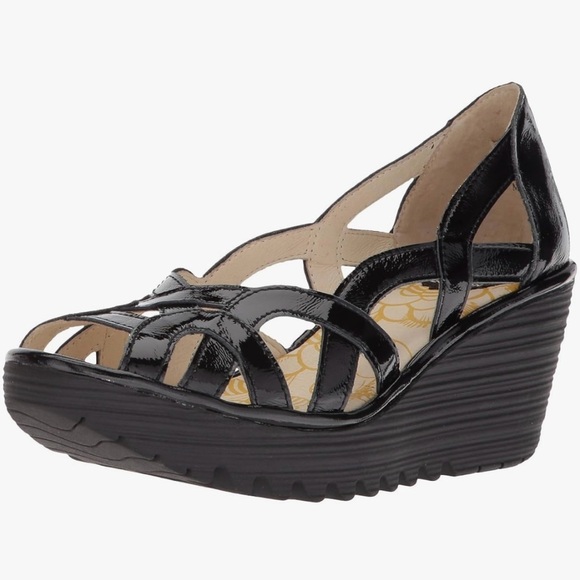 Fly London Women Black Wedge Patent Leather Yadi Cage Platform EU 40 US 9.5 - Picture 1 of 8